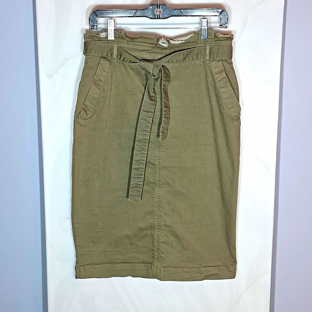 Banana Republic Olive Green Denim Pencil Skirt 6 Belted Safari Utility Workwear